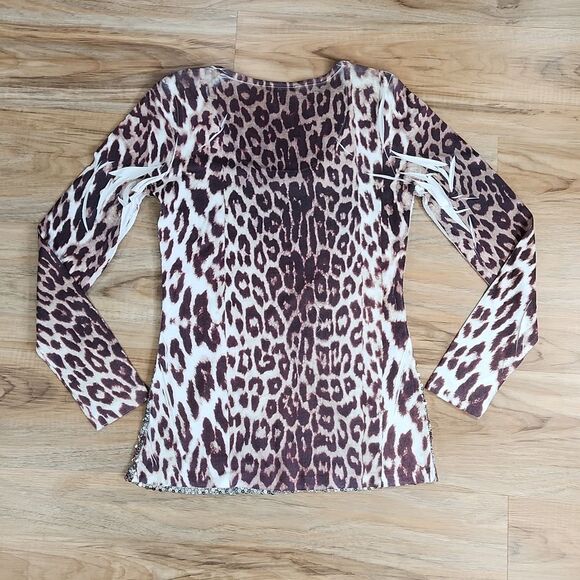 🔹️Cache Brown & Cream Sequined Leopard Burnout Long Sleeve Top Small - Picture 3 of 12